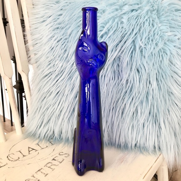 Happy Cat, Cobalt Blue, 2007, Glass, Wine Bottle, 13" Tall, Nice Condition - Picture 1 of 9